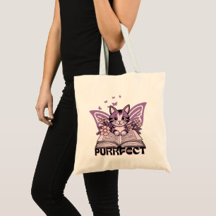 Purple Cat and Butterflies Book Tote Bag
