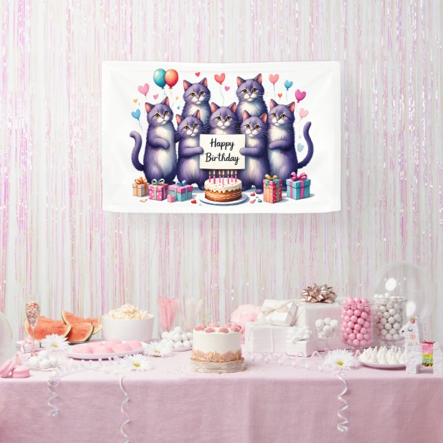 Purple Cat Birthday Celebration Illustration Banner (Party)