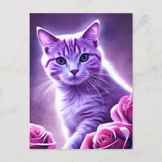 Purple cat called Lavender with roses Holiday Postcard