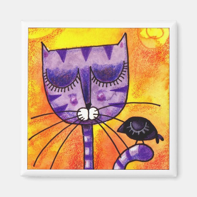 Purple Cat & Crow - Square Magnet (Front)