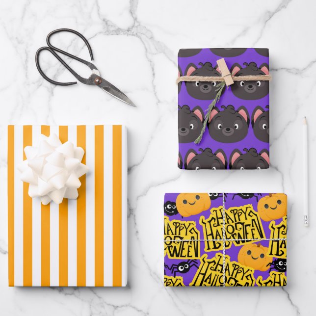 Purple Cat Halloween  Wrapping Paper Sheet (Front)