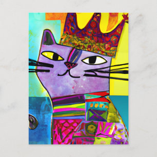 Purple Cat in a Crown Mixed Media Collage Postcard