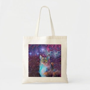 Purple cat in space tote bag