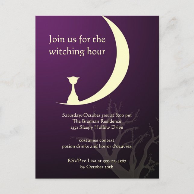 Purple cat moon spooky Halloween invitation card (Front)