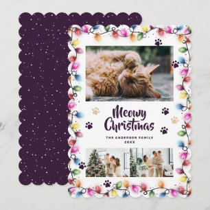 Purple Cat Paws Christmas Lights Photo Meowy Holiday Card