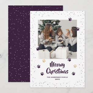 Purple Cat Paws Snow Photo Meowy Christmas Card