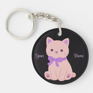 Purple Cat with Bow Cute Kawaii Custom Black Key Ring