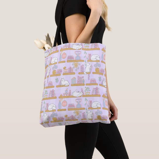 Purple Cats Library Book Cute Girl Pastel Reader Tote Bag (Close Up)