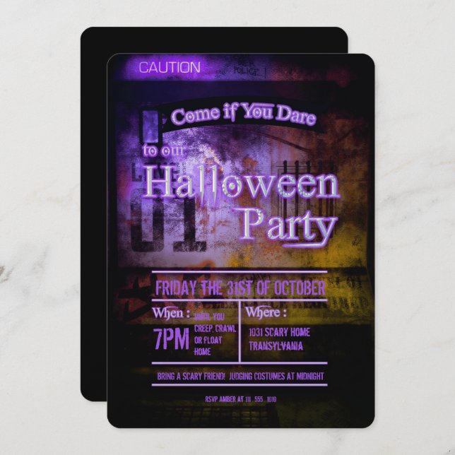 Purple Caution Level 01 Halloween Party Invitation (Front/Back)