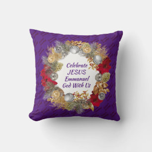 Purple CELEBRATE JESUS Christmas Wreath Cushion