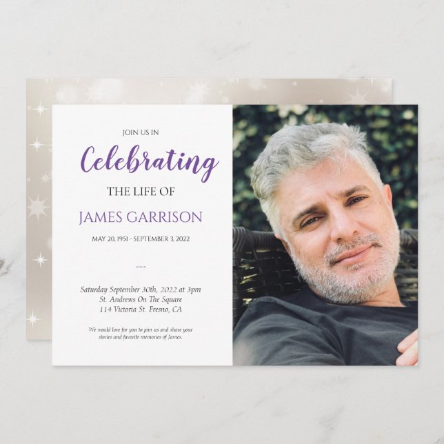 Purple Celebration of Life With Photo Funeral Invitation (Front/Back)