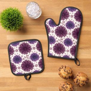 Purple Celestial Floral Pattern Oven Mitt & Pot Holder Set