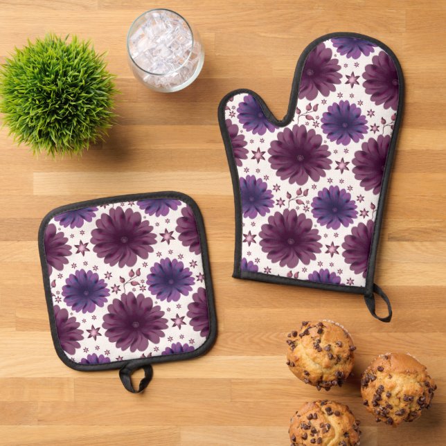 Purple Celestial Floral Pattern Oven Mitt & Pot Holder Set (Top Down)