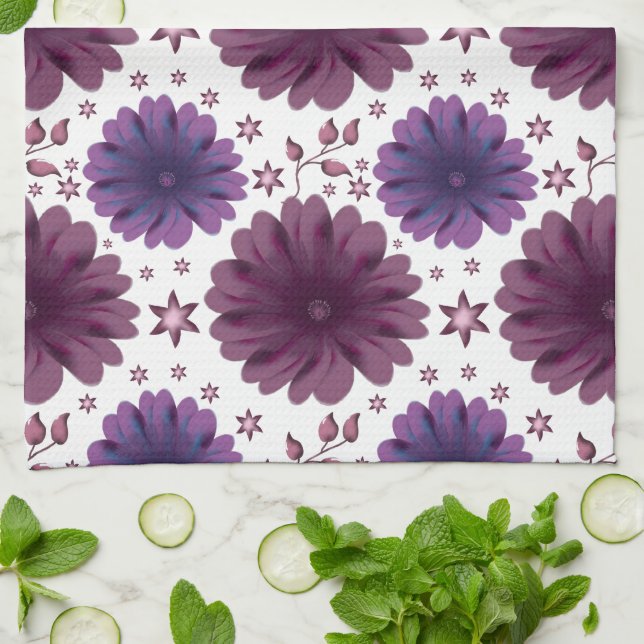 Purple Celestial Floral Pattern Tea Towel (Folded)