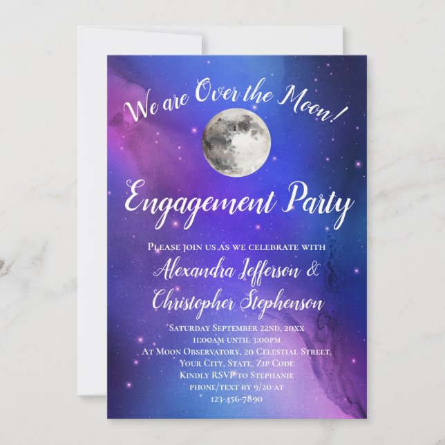 Purple Celestial Over the Moon Engagement Party Invitation (Front)