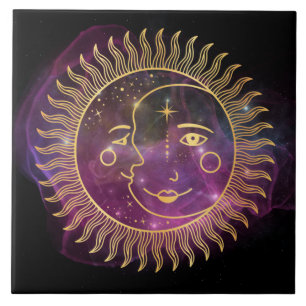 Purple Celestial Sun and Moon  Ceramic Tile