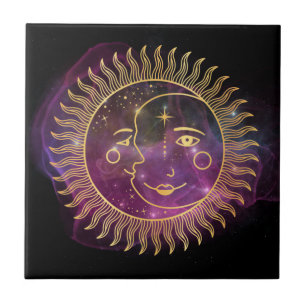 Purple Celestial Sun and Moon  Ceramic Tile