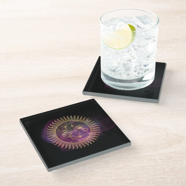 Purple Celestial Sun and Moon  Glass Coaster (Angled)
