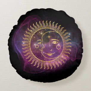 Purple Celestial Sun and Moon Round Cushion