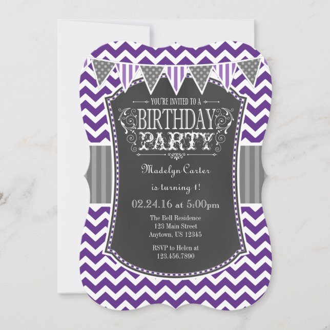 Purple Chalkboard Chevron Birthday Invite (Front)