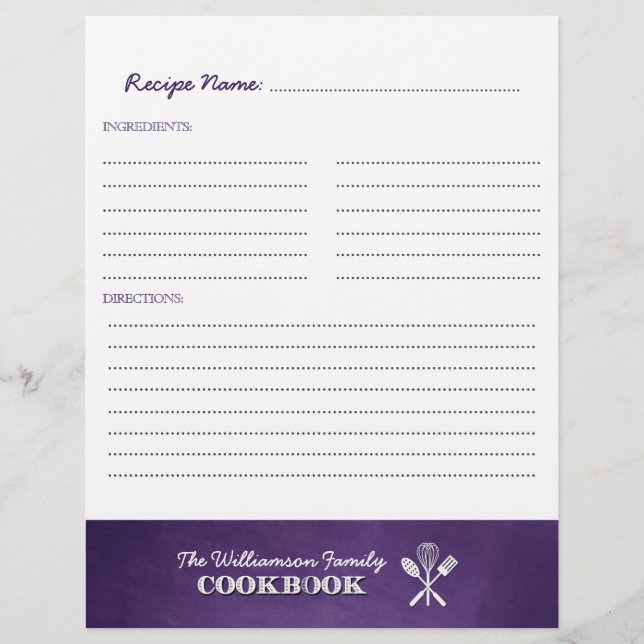 Purple Chalkboard Family Cookbook Binder Insert (Front)