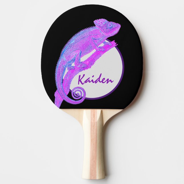 Purple Chameleon with a Circular Frame Ping Pong Paddle (Front)