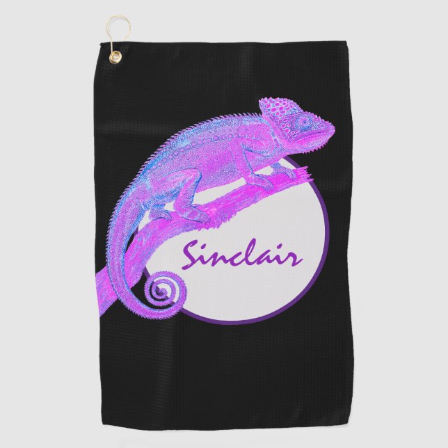 Purple Chameleon with Circle Personalised Golf Towel (Front)