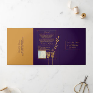 Purple Champagne Bubbles, Wedding Suite Tri-Fold Invitation