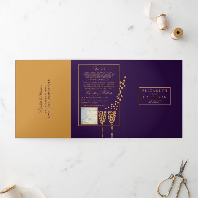 Purple Champagne Bubbles, Wedding Suite Tri-Fold Invitation (Outside)