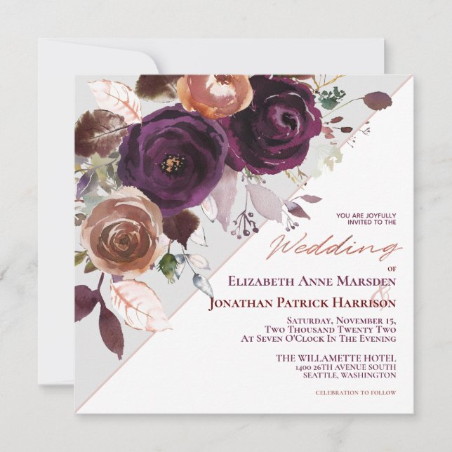 Purple Champagne Fall Floral Geometric Wedding Inv Invitation (Front)