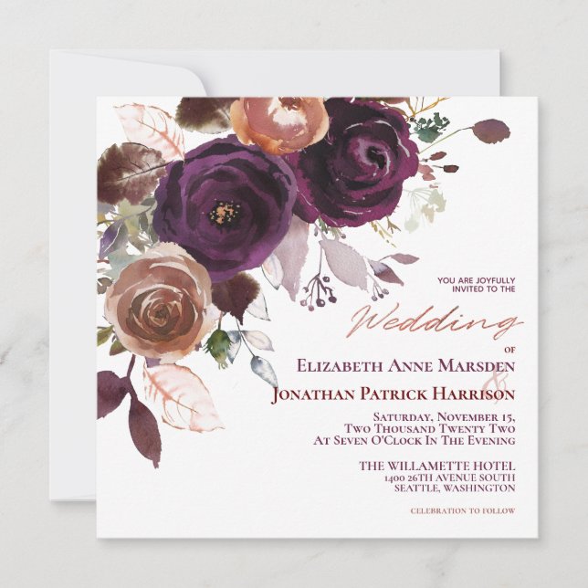 Purple Champagne Fall Floral Geometric Wedding Inv Invitation (Front)