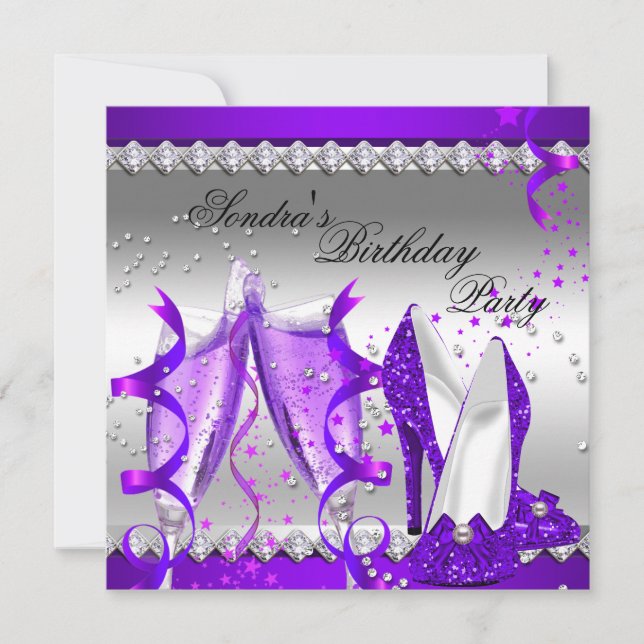 Purple Champagne Glitter Shoes Birthday Party Invitation (Front)