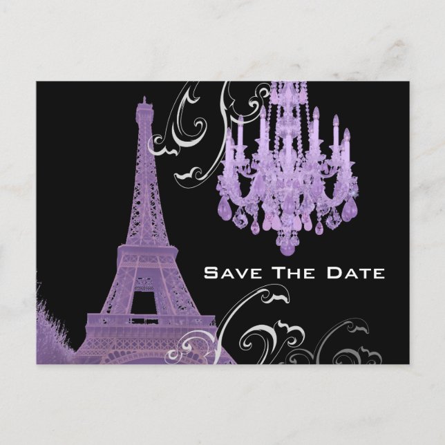 Purple Chandelier Effiel Tower Save The Date Announcement Postcard (Front)