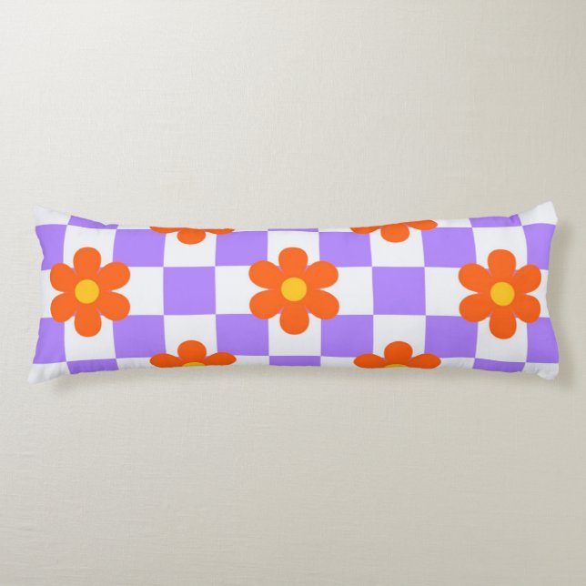 Purple Check Pattern With Orange Hippie Flower Body Cushion (Front)