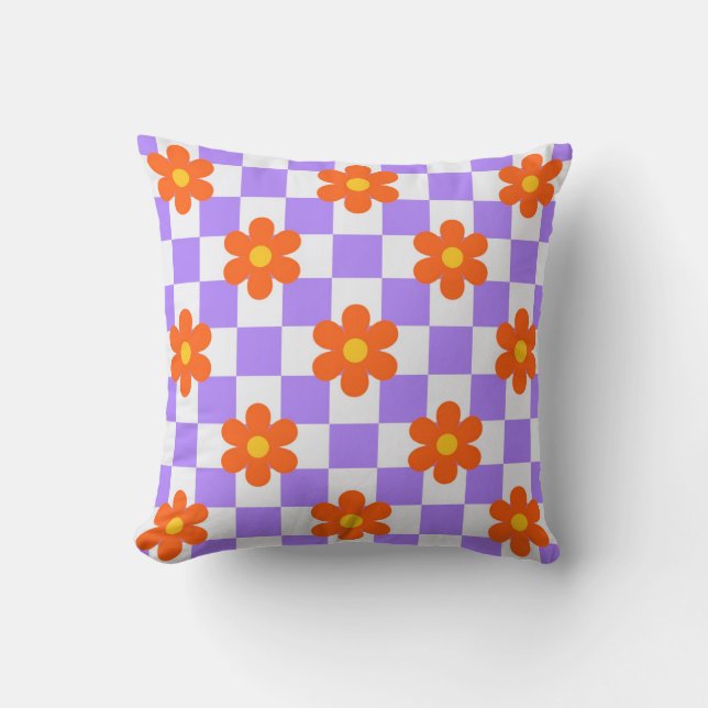 Purple Check Pattern With Orange Hippie Flower Cushion (Front)