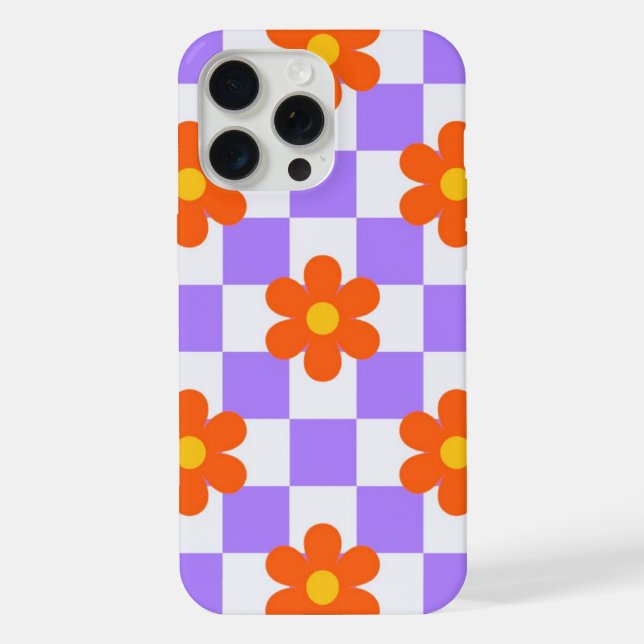 Purple Check Pattern With Orange Hippie Flower iPhone Case (Back)