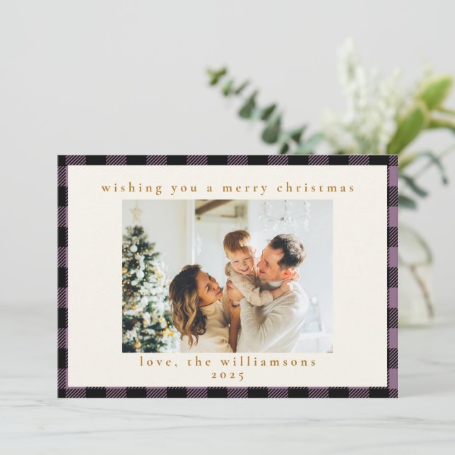 Purple Check Plaid Border 1 Photo Rustic Family Holiday Card (Standing Front)
