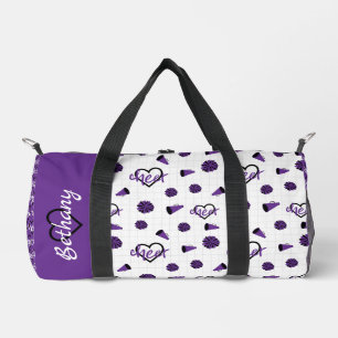 Purple Cheer Hearts, Pom Poms, Megaphone Pattern Duffle Bag