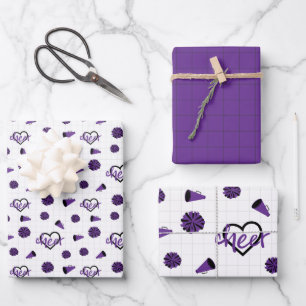 Purple Cheer Hearts, Pom Poms, Megaphone Pattern Wrapping Paper Sheet