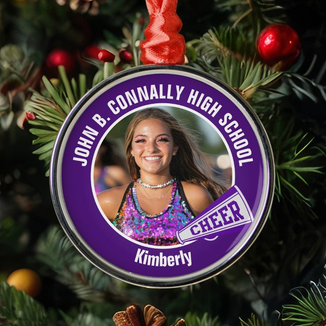 Purple Cheerleader Photo High School Christmas Metal Ornament (Creator Uploaded)