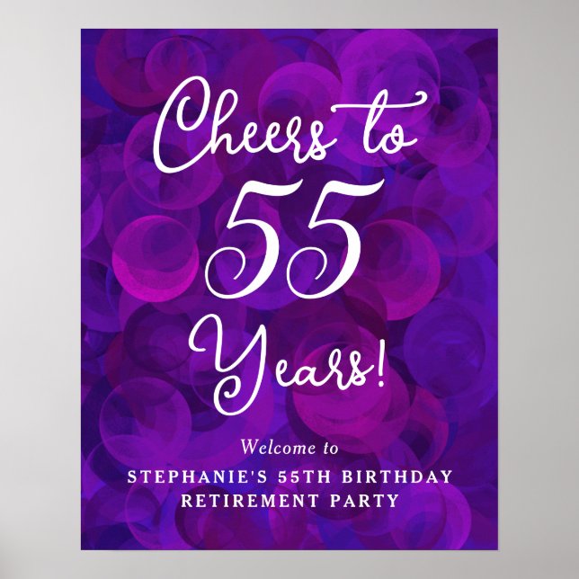 Purple Cheers to 55 Years Birthday Retirement Poster (Front)