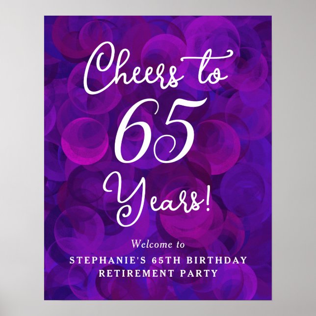 Purple Cheers to 65 Years Birthday Retirement Poster (Front)