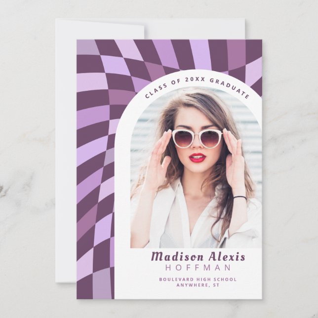 Purple Chequered Arch Photo Retro Graduation Announcement (Front)