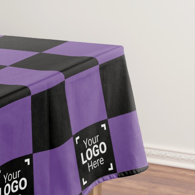 Purple Chequered Business Logo Work Event / Party Tablecloth (In Situ)