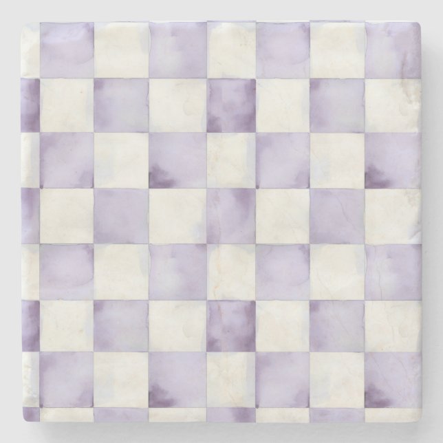 Purple Chequered Decorative Stone Coaster (Front)