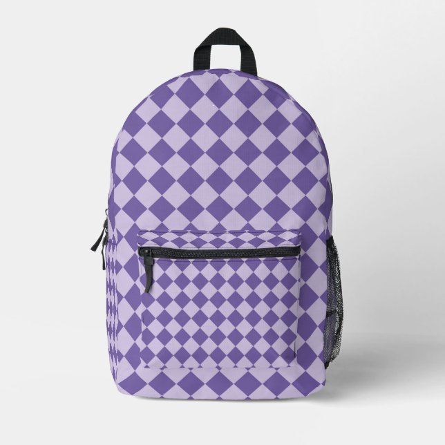 Purple Chequered Diamond Pattern Printed Backpack (Front)