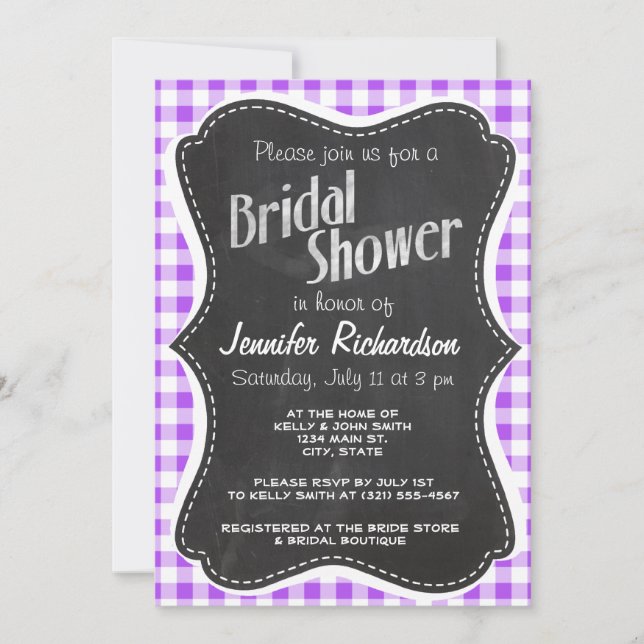 Purple Chequered Gingham; Vintage Chalkboard Invitation (Front)