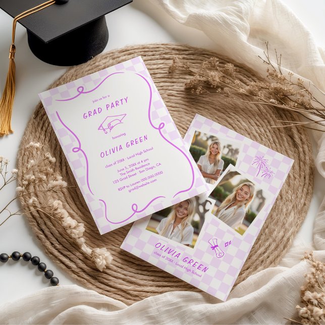 Purple Chequered Squiggle Frame Graduation Invitation (Creator Uploaded)