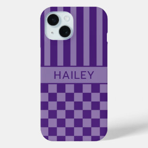 Purple Chequered Striped Personalised iPhone 15 Case