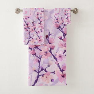 Purple cherry blossoms personalised monogram  bath towel set